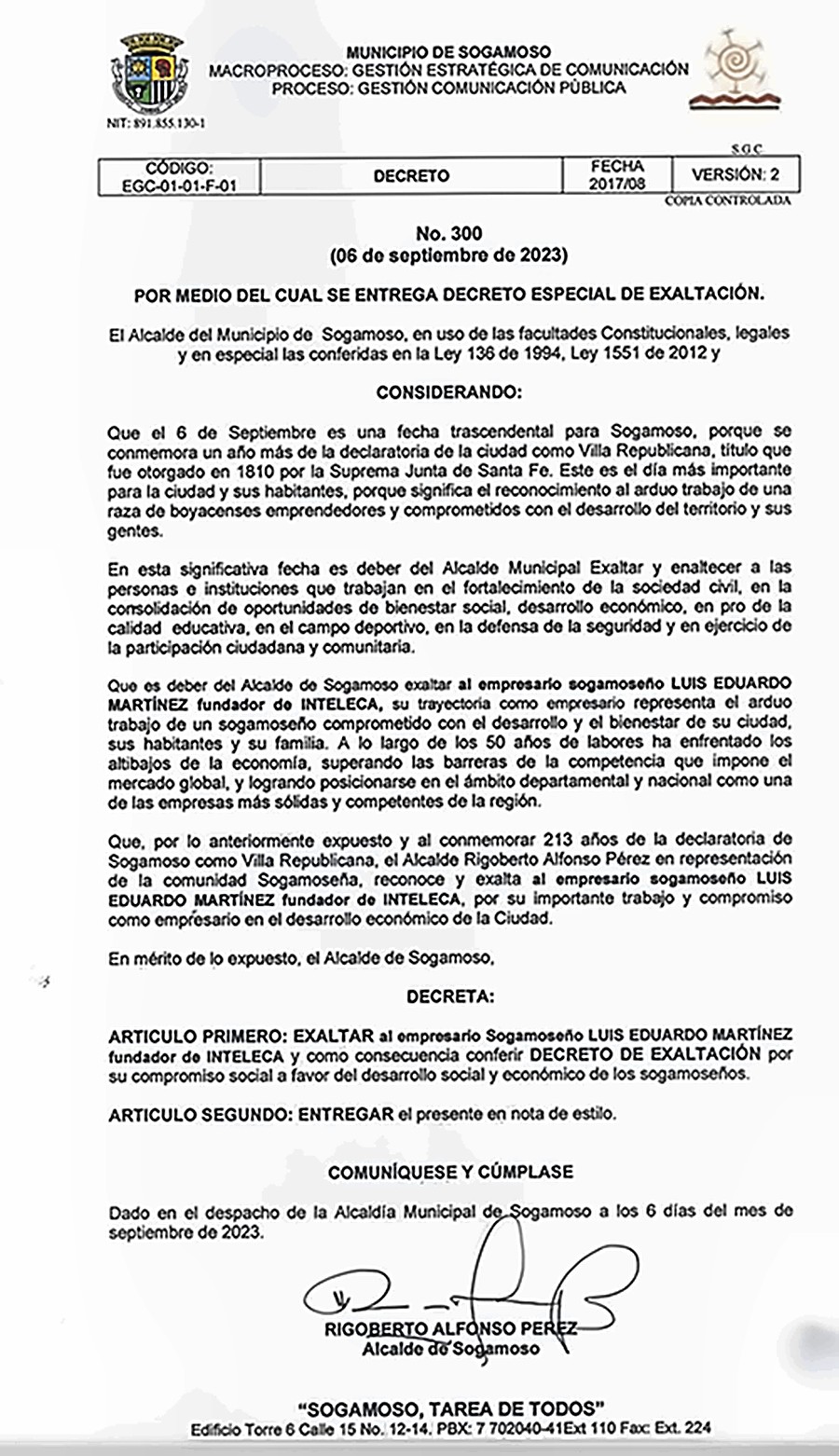 Decreto No. 300 de 2023 del Municipio de Sogamoso